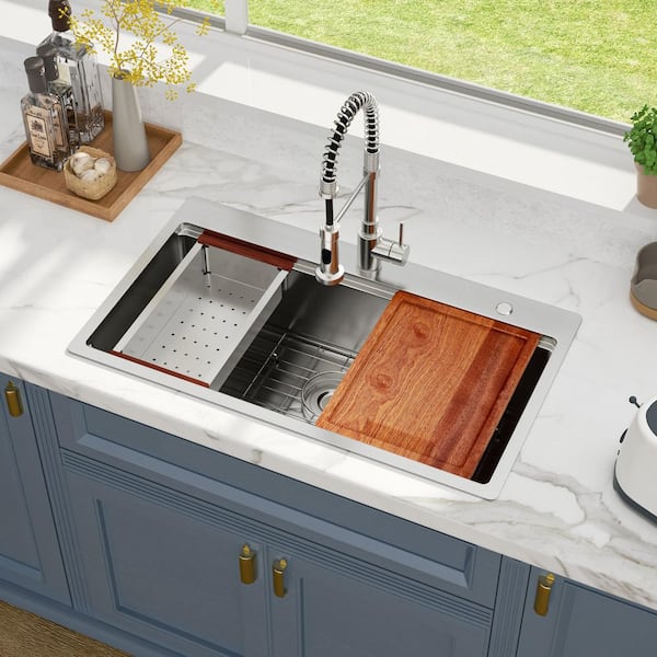 33 in. x 19 in. x 9 in. Single Bowl Drop-In 16-Gauge Stainless Steel Workstation Kitchen Sink with Accessories