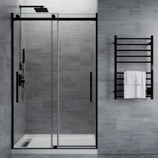 ANZZI Dama Series 2 in. x 76 in. H Sliding Frameless Shower Door in Matte Black with Tsunami Guard Tempered Clear Glass