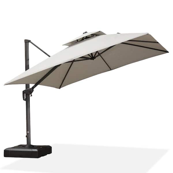 PURPLE LEAF 10 ft. Square 2-Tier Aluminum Cantilever 360° Rotation Patio Umbrella with Wheels Base, Light Gray