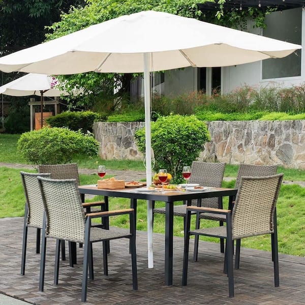 7-Piece Grayish Brown Wicker Outdoor Dining Sets with 6-Chairs and Acacia Wood Table Top Dining Table and Umbrella Hole