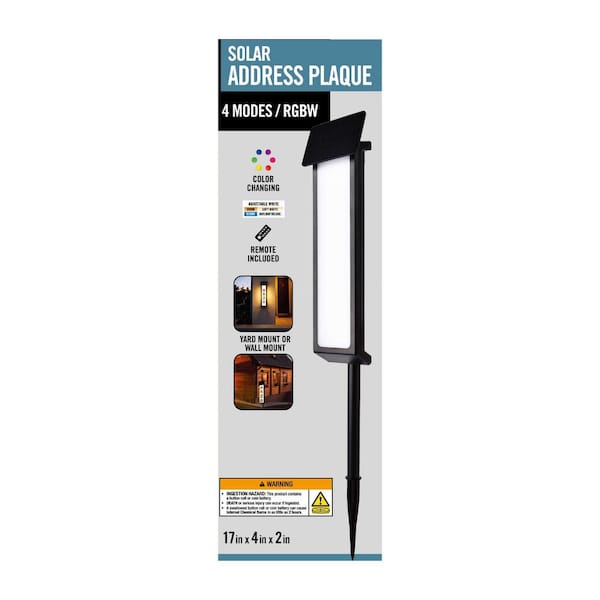 4 in. x 17 in. Black RGBW Dimmable Wall and Stake Mount Solar Rectangular Address Plaque