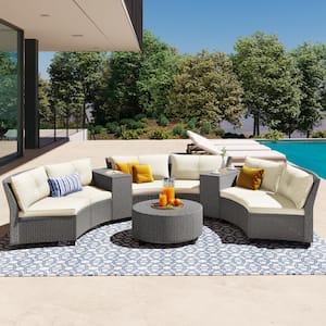 6-Piece Wood Patio Conversation Set with Beige Cushions, Fan-shaped Rattan Suit Combination with Cushions and Table