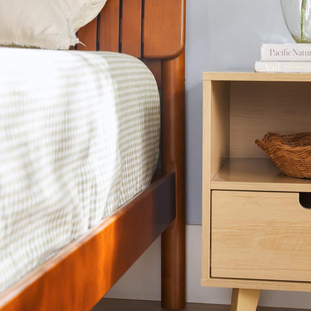 King Brown Pine Wood Upholstered Platform Bed with Slats