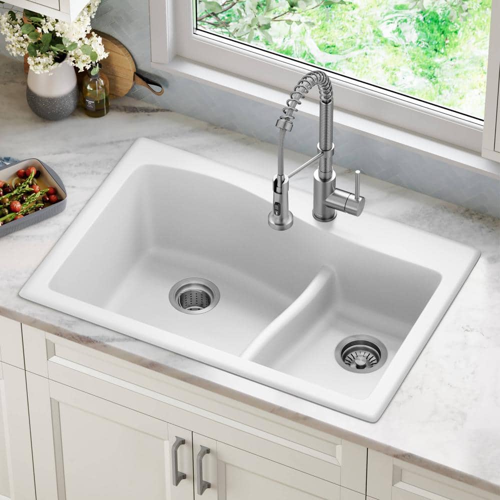 White Granite 33" Dual Bowl Drop-In Kitchen Sink