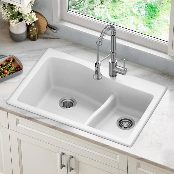 Quarza Drop-in/Undermount Granite Composite 33 in. 1-Hole 60/40 Double Bowl Kitchen Sink in White