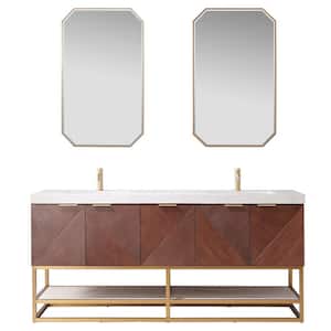 Mahon 72 in. W x 22 in. D x 33.9 in. H Double Sink Bath Vanity in Walnut with White Grain Composite Stone Top and Mirror