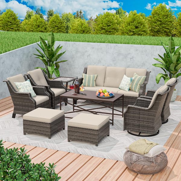 MeetLeisure 9-Piece Wicker Steel Outdoor Patio Conversation Set Coffee Table with Swivel Chairs and Beige Cushions