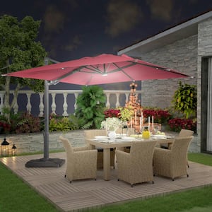 High-Quality 10 ft. Aluminum Square Cantilever Tilt Outdoor Patio Umbrella LED Lights 360-Degree Rotation in Red w/Base