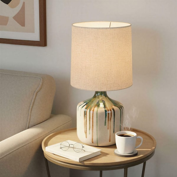 23.6 in. Multicolor Round Stoneware Table Lamp with Linen Shade and Inline Switch