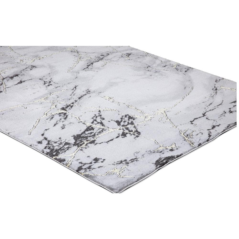 Gray and White Marble Abstract Area Rug with Gold Accents