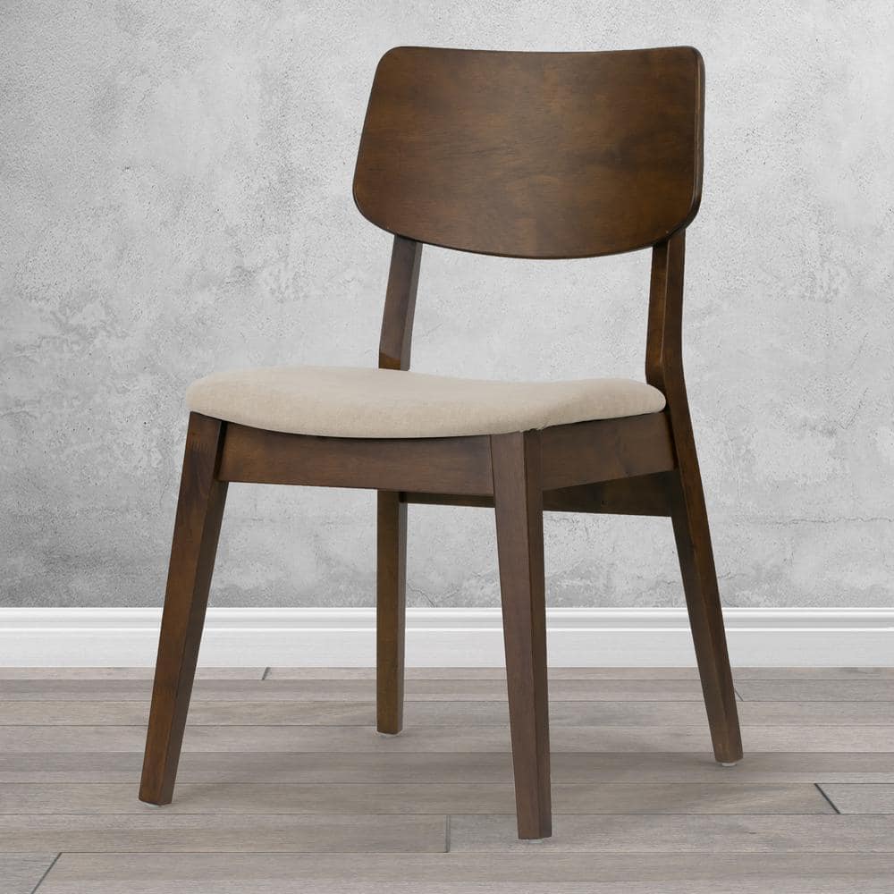 Astin Dark Brown Wood Dining Chairs with Beige Upholstered Seats, Set of 2