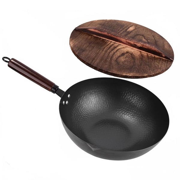 Kitchen Tools Carbon Steel Black Honeycomb Nonstick Pre-Seasoned Wok Flat Bottom with Lid and Accessory Set for Stovetop