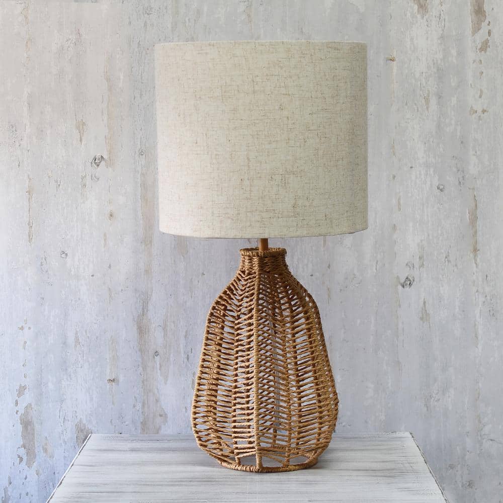 Natural Paper Rope Wicker Table Lamp with Beige Linen Shade