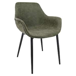 Markley Olive Green Modern Leather Dining Arm Chair with Black Metal Legs