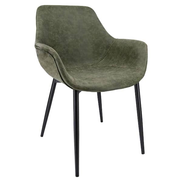 Leisuremod Markley Olive Green Modern Leather Dining Arm Chair with Black Metal Legs