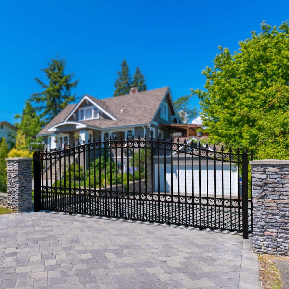 Black Steel Arched Sliding Driveway Gate with Pointed Pickets