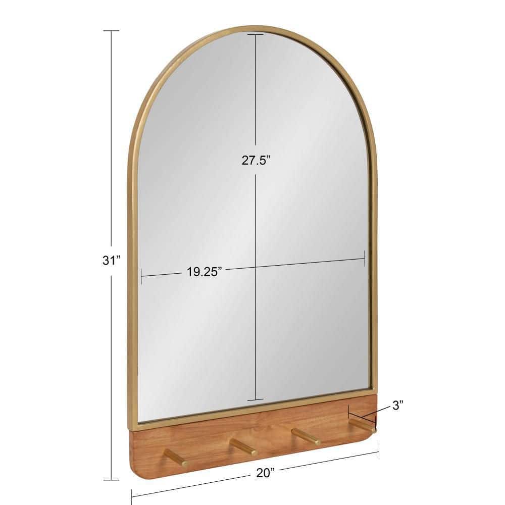 Schuyler Arched 20x31 Natural Wood & Gold Wall Mirror with Hooks