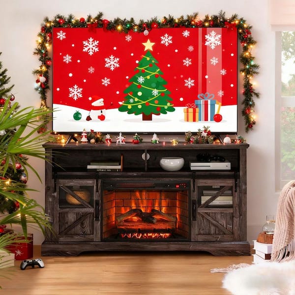 60 in. Freestanding Electric Fireplace TV Stand With Door Sensor in Dark Rustic Oak