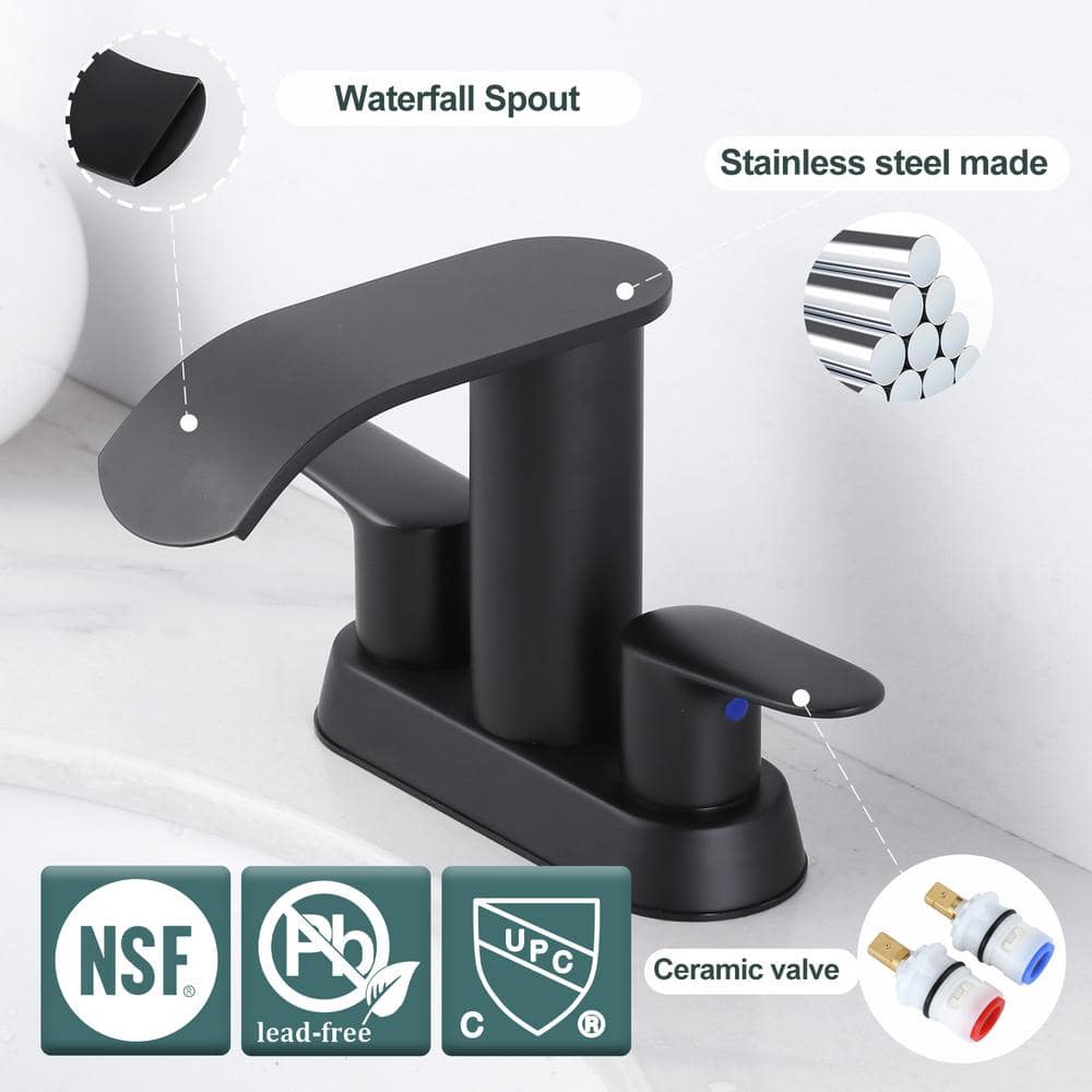 Matte Black Double Handle Waterfall Bathroom Faucet with Pop-up Drain Kit