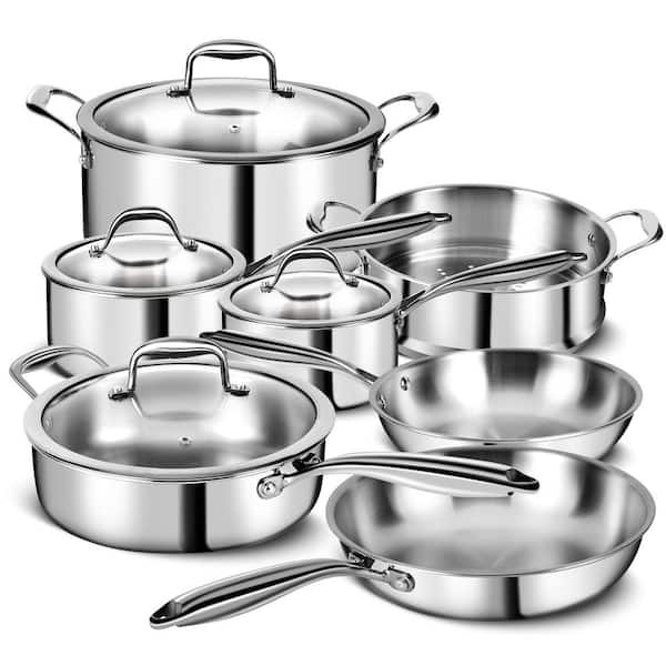 6 qt. 3 Ply Stainless Steel 11-Piece Cookware Set with Lids, Nonstick Saute Pan, Induction and Dishwasher Safe