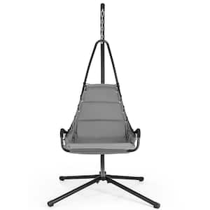 Grey Metal Patio Swing Chair with Stand Extra-wide and Cushioned Seat Outdoor Indoor Hanging Chair