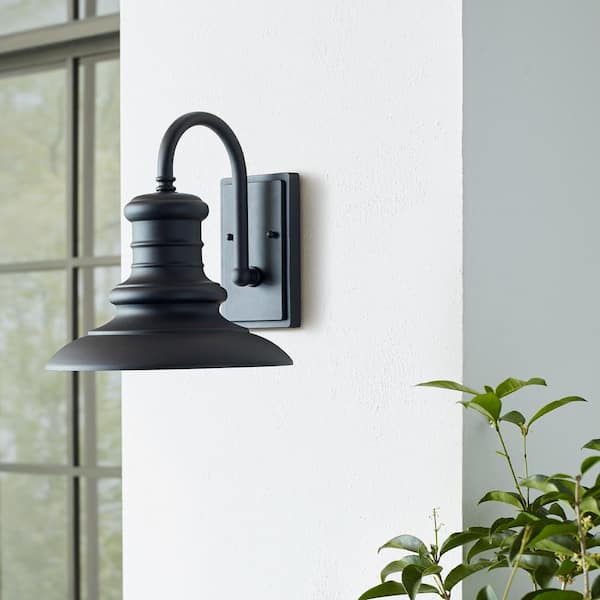 Redding Station 12 in. 1-Light Textured Black Outdoor 12.5 in. Wall Lantern Sconce