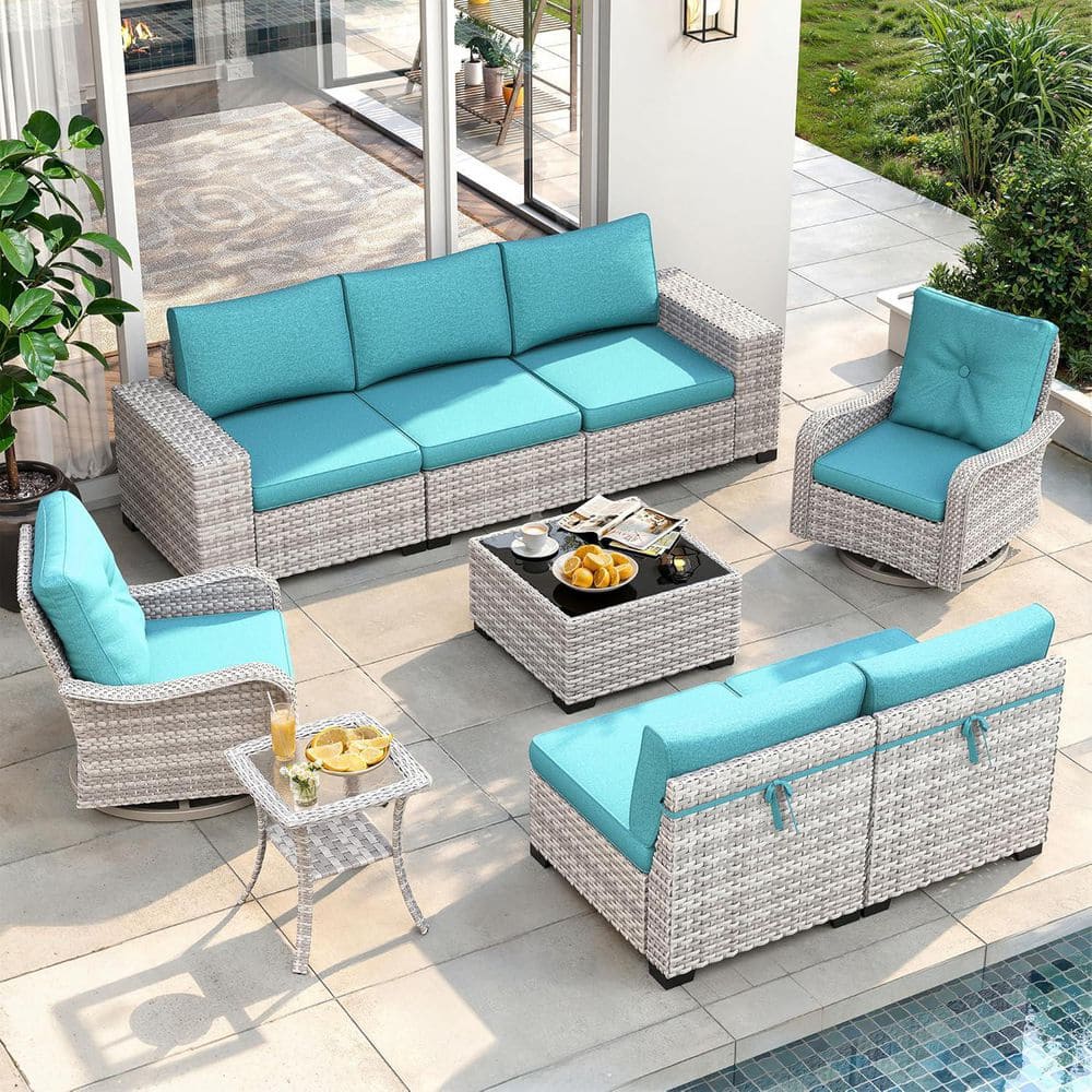 9-Piece All-Weather PE Rattan Outdoor Sectional Set with 7-Seats and 4 in. Thickened Turquoise Blue Cushions price history on PriceWatchPro