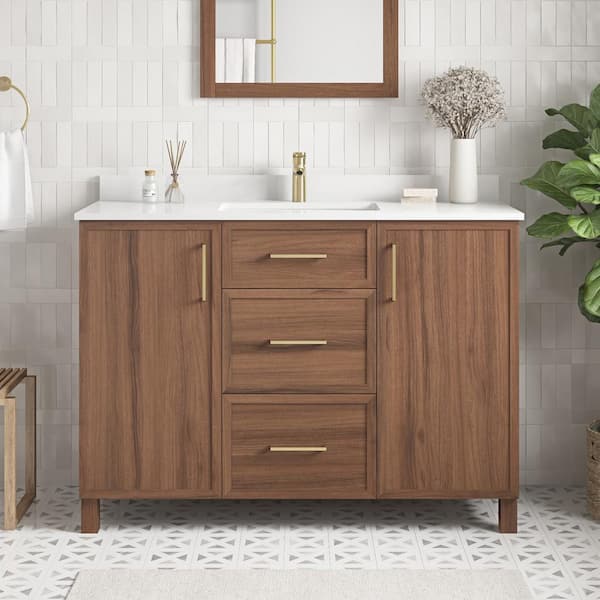 Home Decorators Collection Bilston 48 in. W x 19 in. D x 34 in. H Single Sink Bath Vanity in Spiced Walnut with White Engineered Stone Top