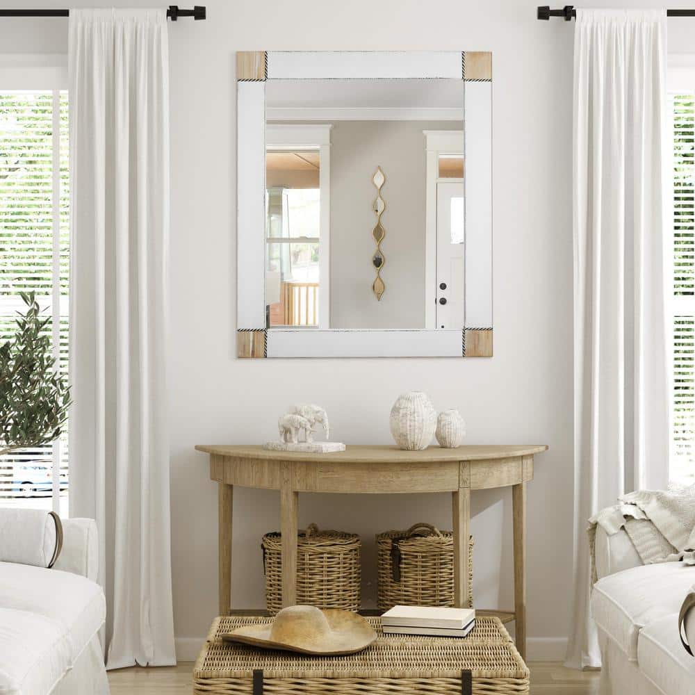 Whitewashed Wood Rectangular Vanity Mirror with Rope Inlay