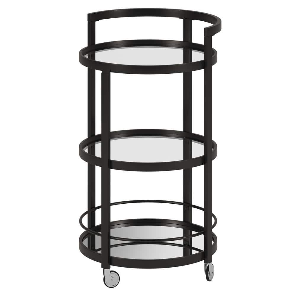 Bronze-Tinted Glass and Blackened Steel Round Bar Cart with Wine Rack