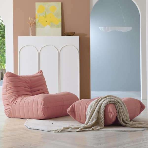 J&E Home Teddy Velvet Bean Bag Lazy Sofa Recliner with Ottoman in Pink