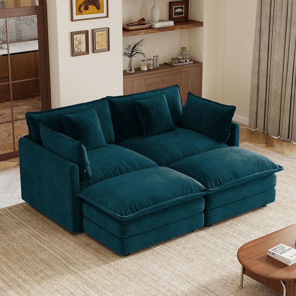 Modern 70.8 in. Square Arms Chenille 2-Seater Sectional Sofa in Blue with 2 Ottomans price history on PriceWatchPro