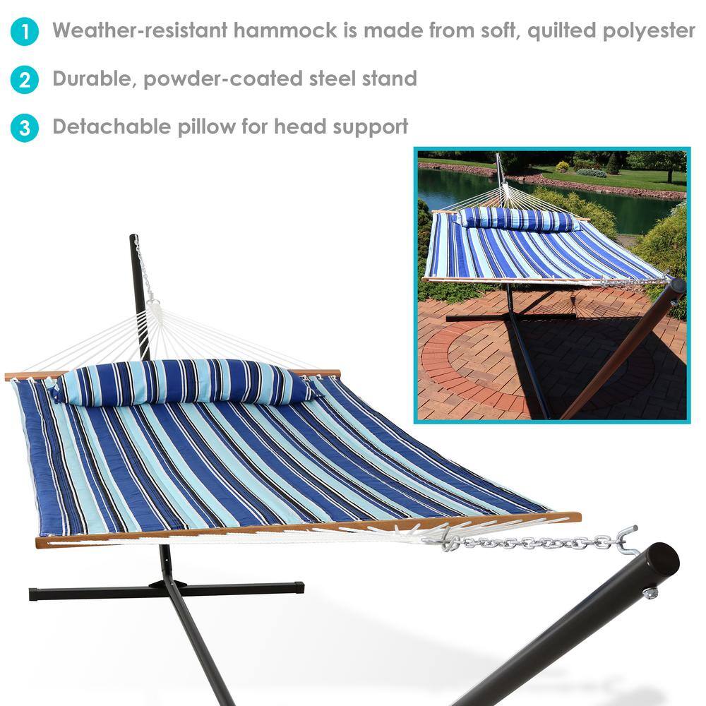 Catalina Beach Blue Quilted Fabric Hammock with Stand and Pillow