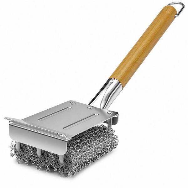 Stainless Steel Food-Grade Brush Head with Scraper, Safe BBQ Outdoor Grill Cleaning Brush, Non Wire, Long Wood Handle