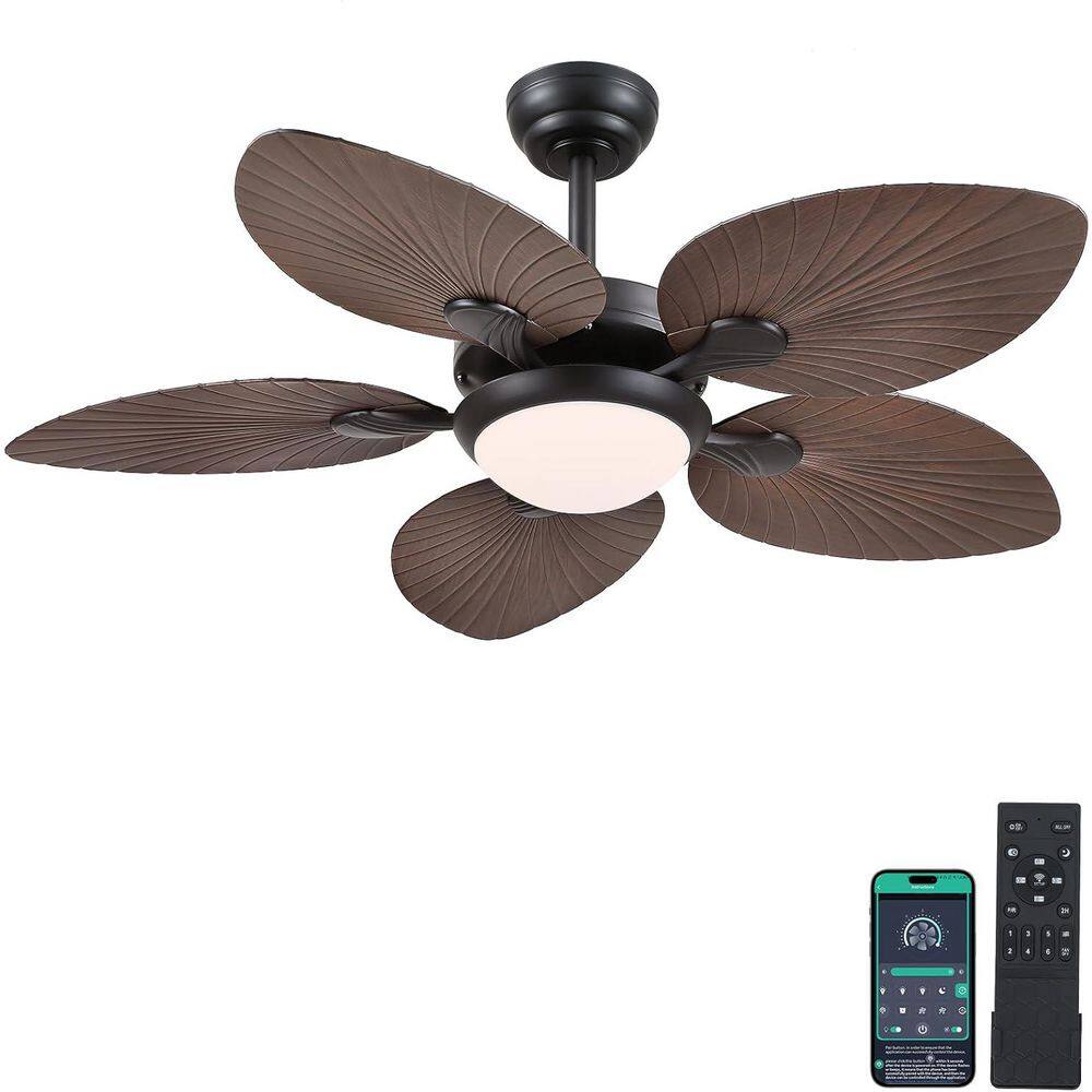 44 in. Indoor/Outdoor Retro 5 Palm Leaf Shaped Blades Black Ceiling Fan with Dimmable LED Light and Remote/APP Control price history on PriceWatchPro