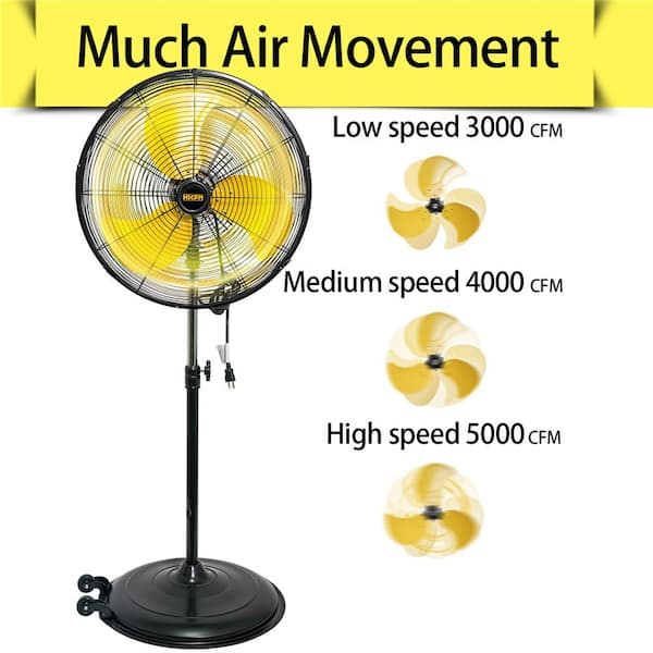 HICFM 20 in. 3-Speeds High Velocity Oscillating Pedestal Fan in Yellow with 1/5 HP Powerful Motor, 5000 CFM