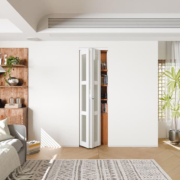 24 in. x 80 in. 3-Panel Frosted Glass Solid Core White PVC Covering MDF Bi-fold Doors with Locks and Handles