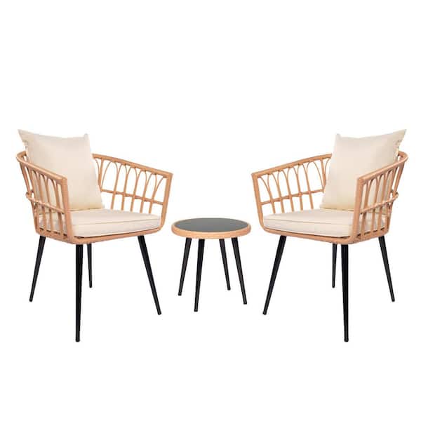 FIROMO 3-Piece Brown Wicker Round Table Outdoor Bistro Set with Attached Beige Cushions