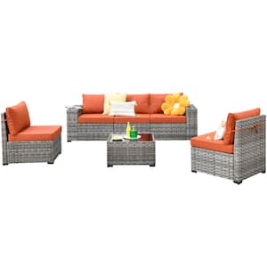 Crater Gray 6-Piece Wicker Wide-Plus Arm Outdoor Patio Conversation Sofa Set with Orange Red Cushions