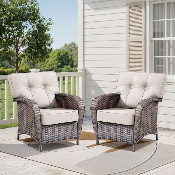 Modern Seaside Series 2-Piece Patio Wicker Outdoor Lounge Chair with Beige Cushions
