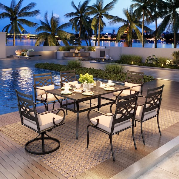 PHI VILLA 7-Piece Black Metal Outdoor Dining Set with Rectangle Dining Slat Table and Swivel Chairs with Beige Cushions