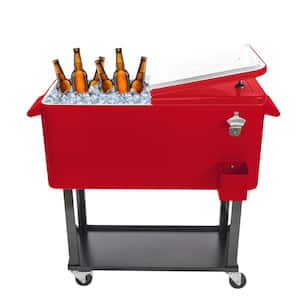 Red 80 Qt. Iron Beverage Wheeled Cooler with Shelf