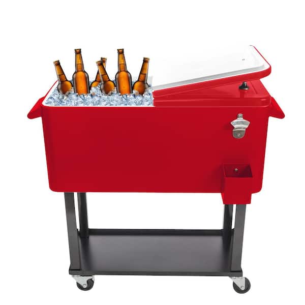 Red 80 Qt. Iron Beverage Wheeled Cooler with Shelf