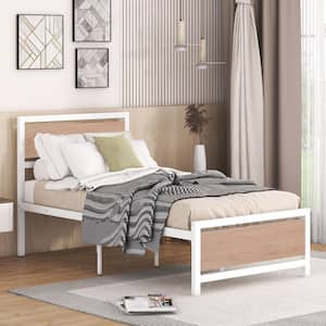 White Metal Frame Twin Size Platform Bed with Wood Headboard and Footboard, Extra Slat Support