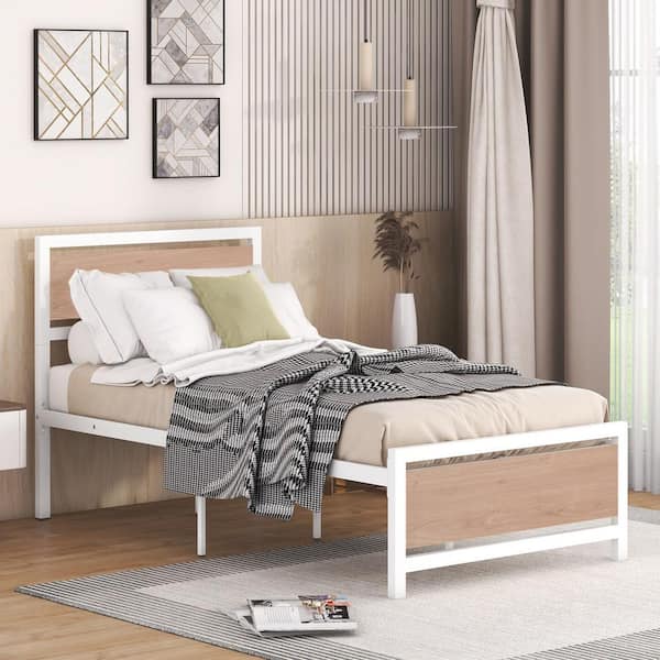 Harper & Bright Designs White Metal Frame Twin Size Platform Bed with Wood Headboard and Footboard, Extra Slat Support