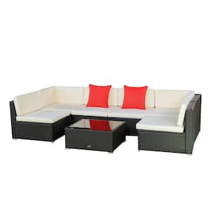 7-Piece Wicker Outdoor Patio Conversation Sets Furniture Sets PE Rattan Sectional Sofa Set with Cream White Cushion