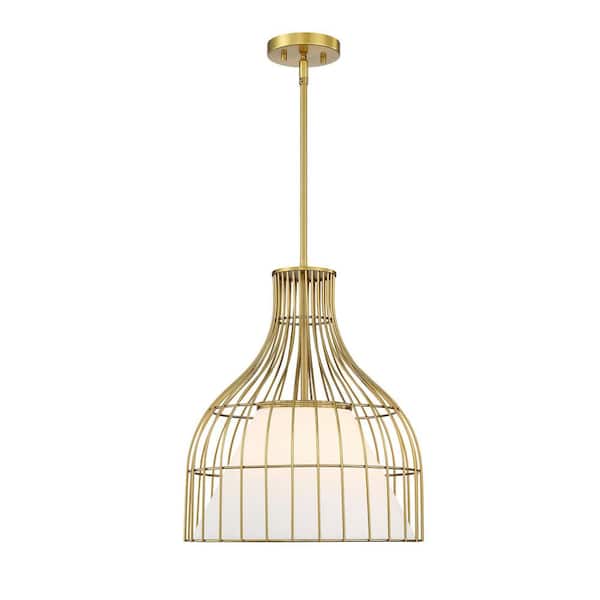 Evensong 60-Watt 1-Light Brushed Gold Bell Pendant with Etched Opal Glass Shade and Metal Outer Cage