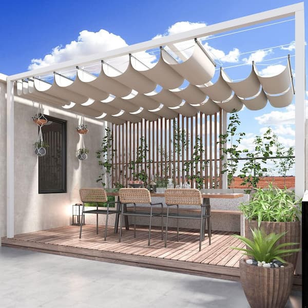 3 ft. x 12 ft. Retractable Wave Sun Shade Canopy Pergola Cover Shade Sail Awning for Patio Porch Garden Yard Deck, Beige