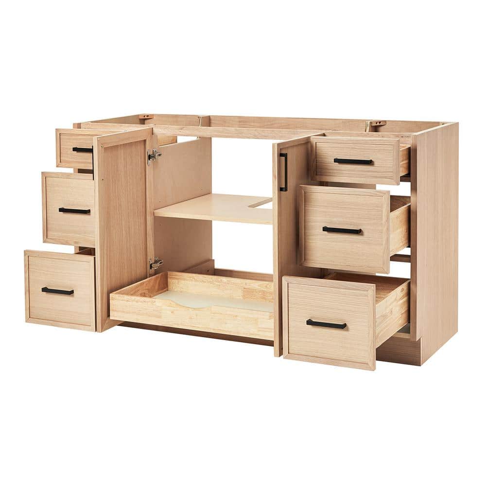 Kelly 60" White Oak Freestanding Bathroom Vanity Cabinet with Black Handles