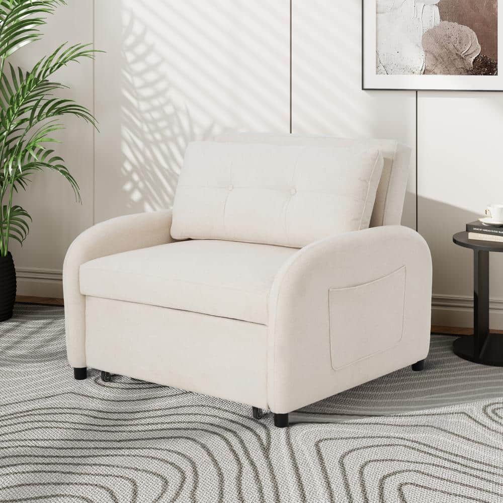 Beige Cotton Linen 3-in-1 Convertible Sleeper Sofa Chair